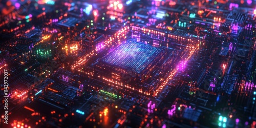 Vividly colored circuits illuminate a high-tech landscape, showcasing intricate details and a vibrant arrangement of lights in a futuristic setting. Generative AI photo