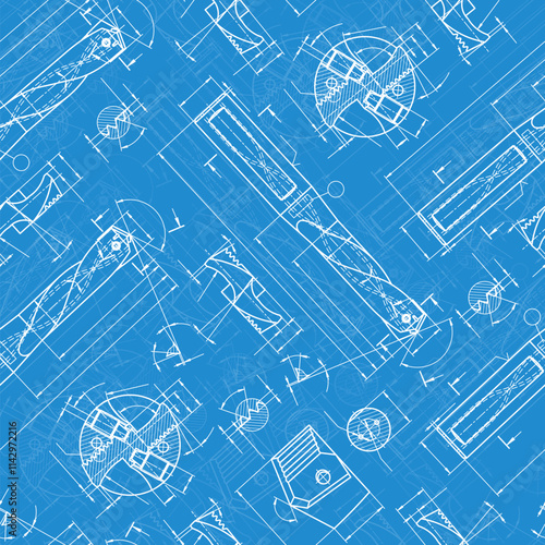 Mechanical engineering drawings on blue background. Drill tools, borer. Technical Design. Cover. Blueprint. Vector illustration. Seamless pattern.