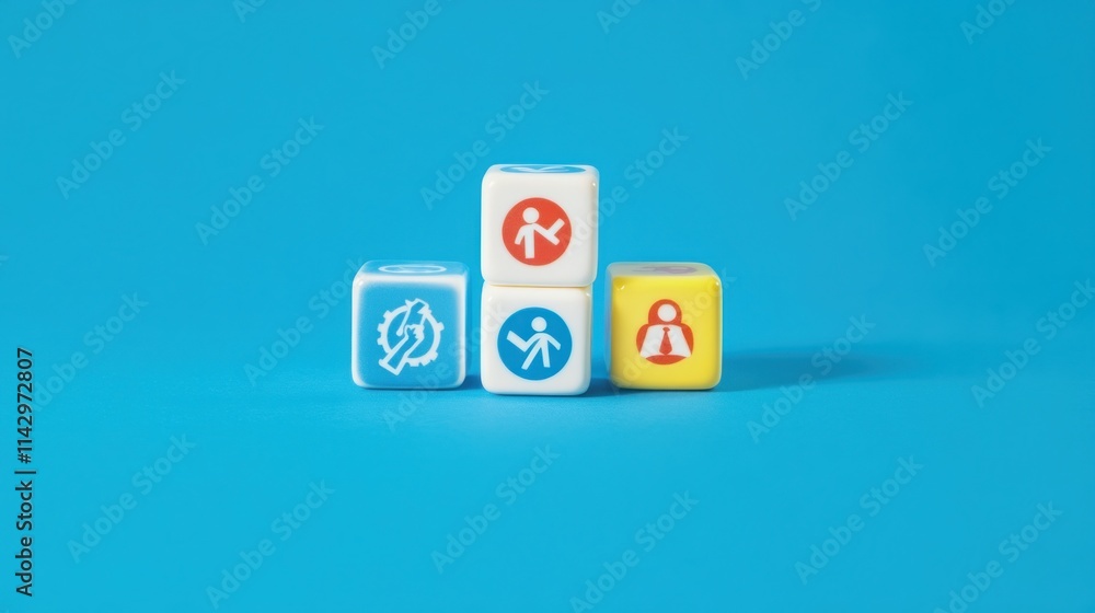 Three colorful cubes with diverse symbols arranged on a blue background. Three colorful cubes with diverse symbols arranged on a blue background.