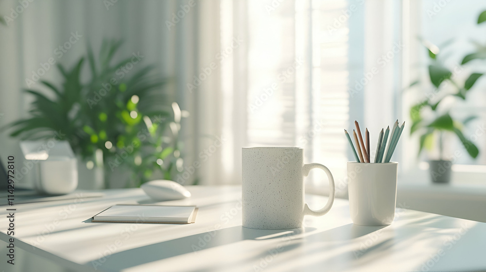 Workspace design with a white desk, coffee mug, and supplies on a clean surface Workspace design with a white desk, coffee mug, and supplies on a clean surface