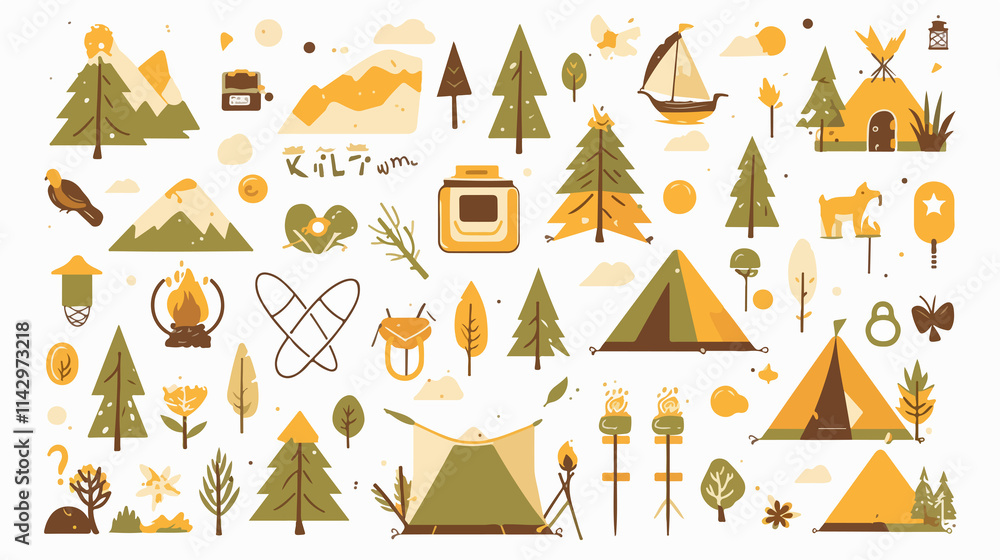 Summer Camping Line Icon Set: Flat Vector Style Isolated Summer Camping Line Icon Set: Flat Vector Style Isolated