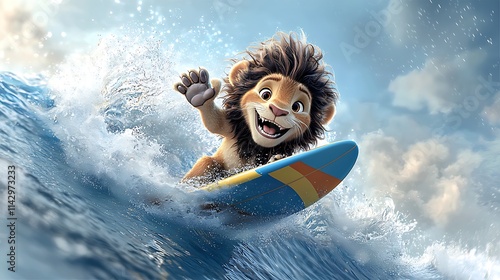 A 2D cartoon lion surfing on a wave with a colorful surfboard, white background. Ultra-Realistic, Photo Realistic, highly detailed  photo