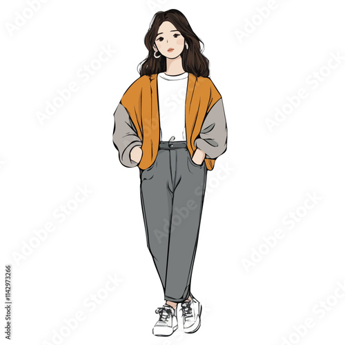 Casual Girl in Normcore Style – Effortlessly Cool Fashion Illustration
 photo