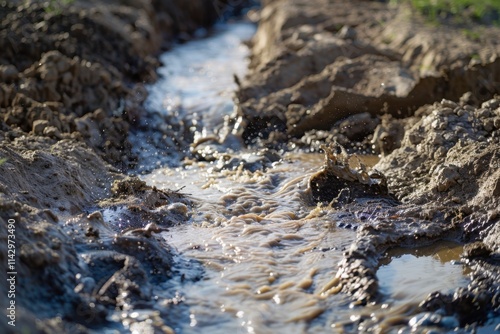 Eroded soil particles tumbling down small incline merge into stream in sunlight