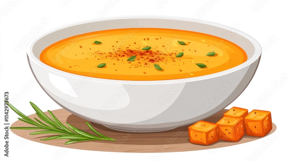 Creamy orange soup in a bowl with croutons and rosemary. Creamy orange soup in a bowl with croutons and rosemary.