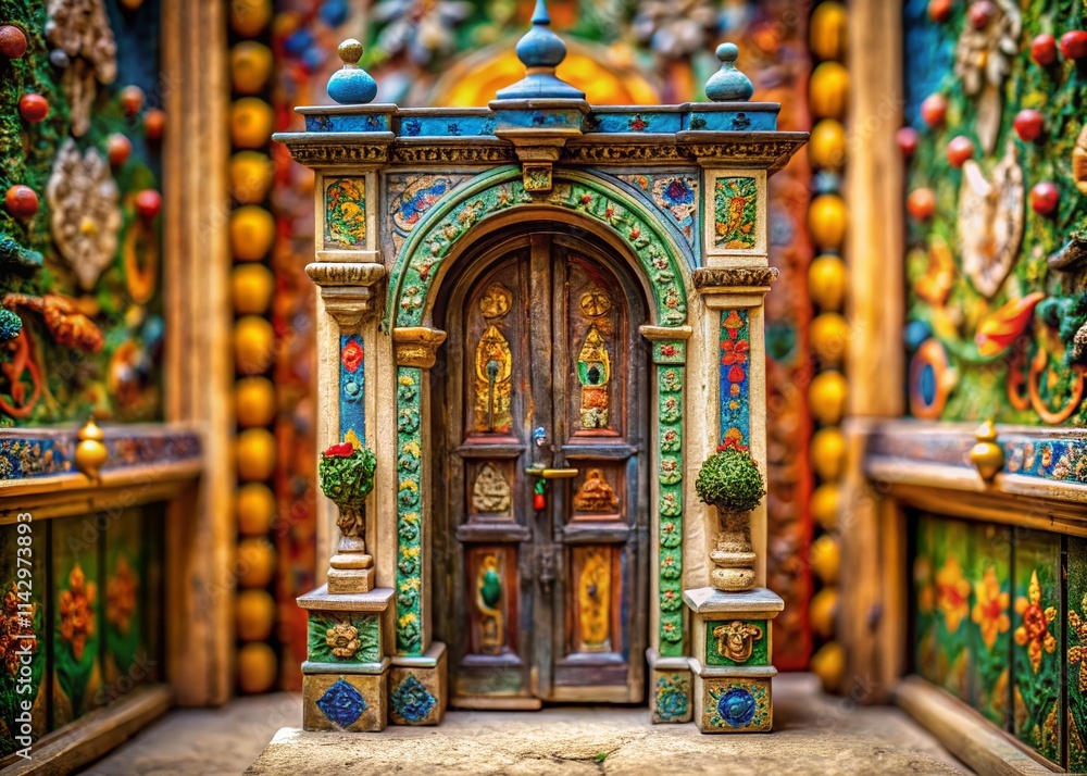 Obraz premium Tilt-Shift Miniature Door Collage: Whimsical Art, Beautiful Drawing, Miniature Effect, Door Design, Collage Art