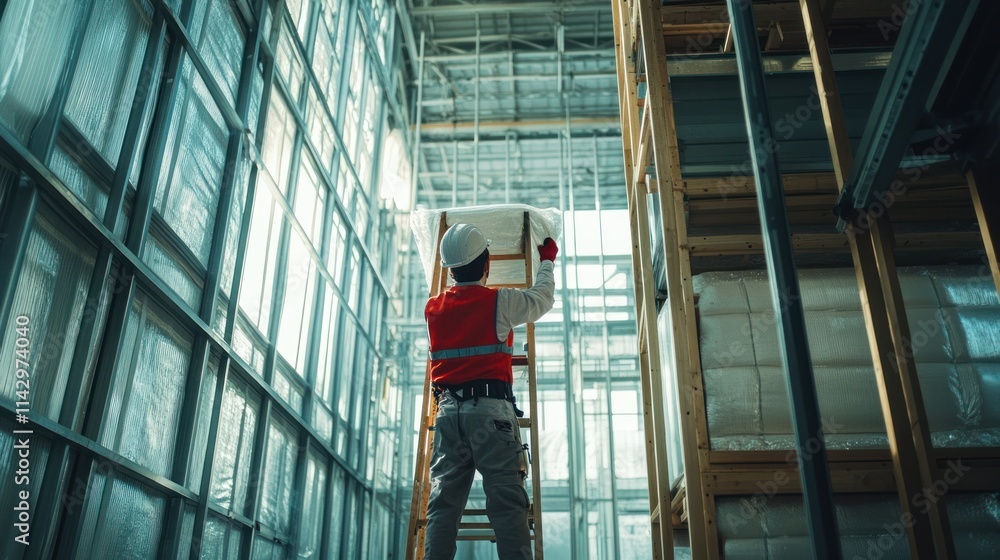 Worker on ladder inspecting high warehouse shelving. Worker on ladder inspecting high warehouse shelving.