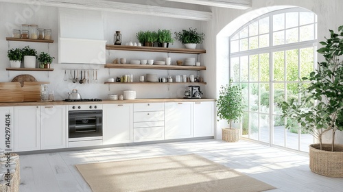 Bright, airy kitchen with white cabinets, open shelving, and large window overlooking a garden.