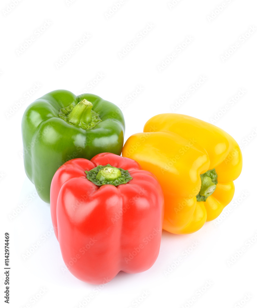 Three sweet Red, Yellow, Green Peppers isolated on white background. Three sweet Red, Yellow, Green Peppers isolated on white background.