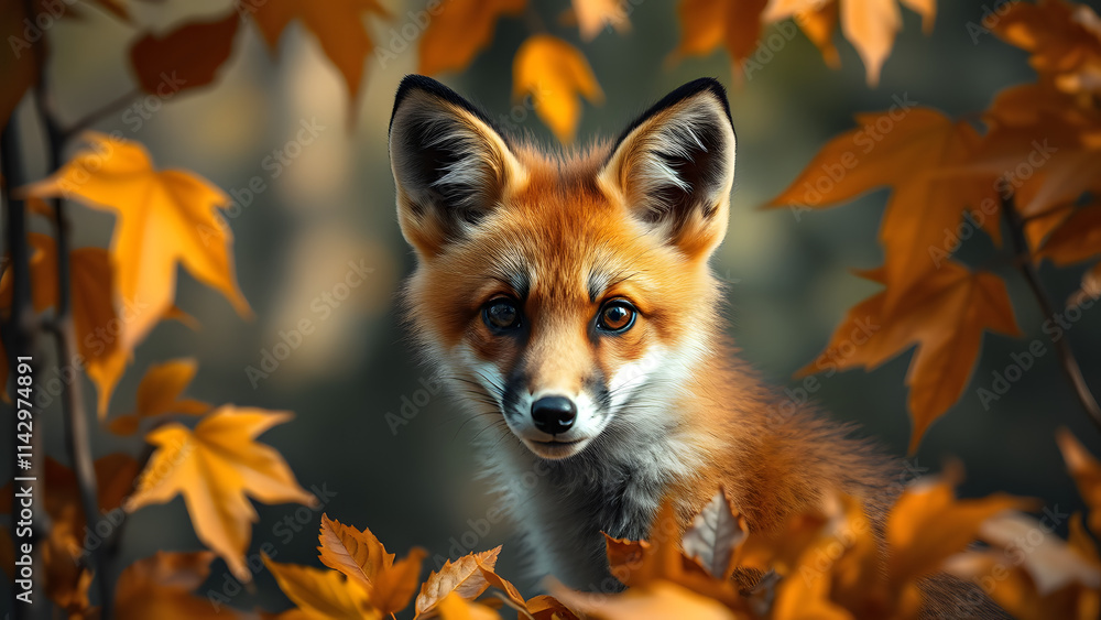 Fototapeta premium a hyper-realistic detailed image of a young fox peeking through autumn leaves with a blurred forest background