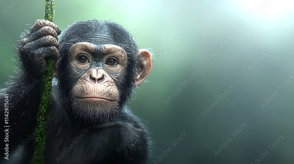 A 3D monkey swinging on vines in a tropical jungle, dynamic and detailed motion. Ultra-Realistic, Photo Realistic, highly detailed 