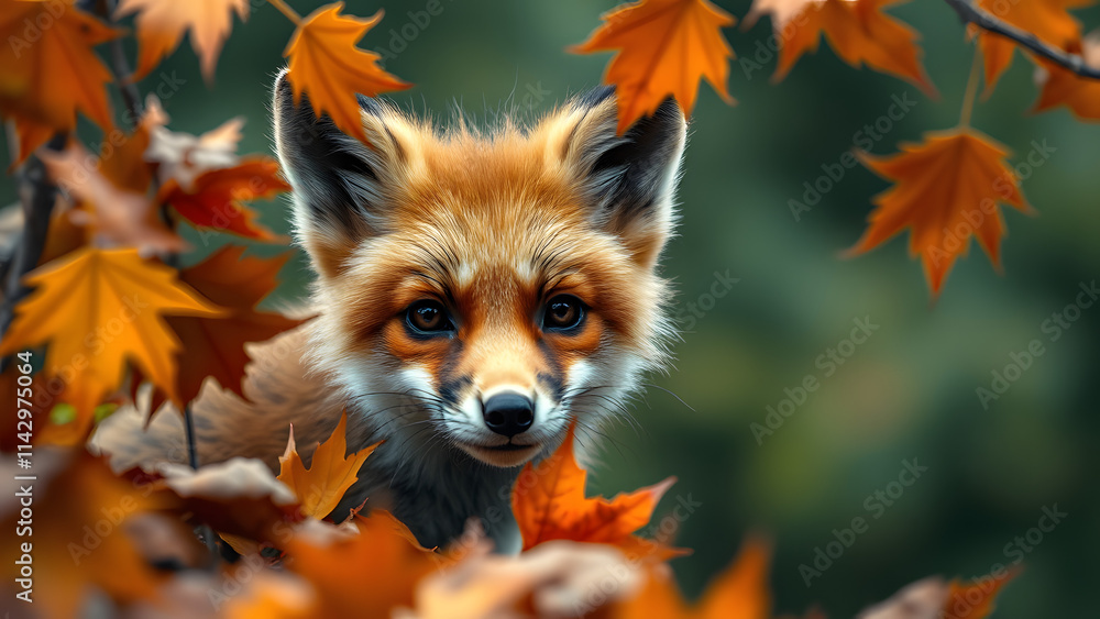 Obraz premium a hyper-realistic detailed image of a young fox peeking through autumn leaves with a blurred forest background
