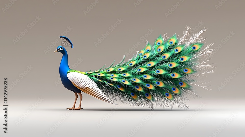 Fototapeta premium A 3D peacock spreading its colorful feathers in a realistic and glossy style. Ultra-Realistic, Photo Realistic, highly detailed 