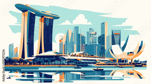 Singapore Cityscape Skyline in Flat Vector Style Isolated on White Background