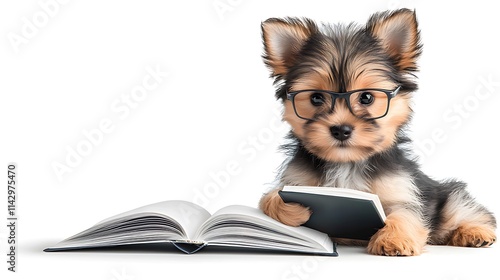A 3D render of a cute dog wearing glasses and reading a book, detailed fur texture, isolated white background. Ultra-Realistic, Photo Realistic, highly detailed 