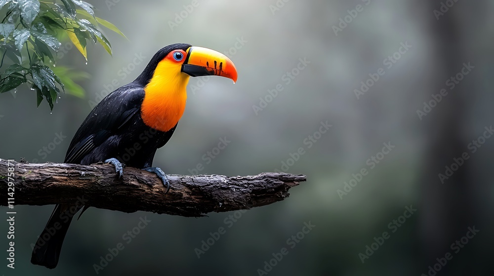Obraz premium A 3D toucan sitting on a tree branch with colorful feathers and realistic details. Ultra-Realistic, Photo Realistic, highly detailed 