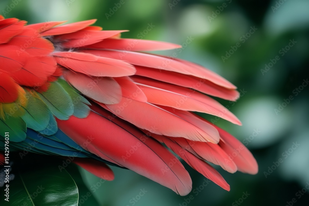 Obraz premium Close-up of parrot's vibrant red feathers, vividly displaying the texture and colors of nature's beauty.