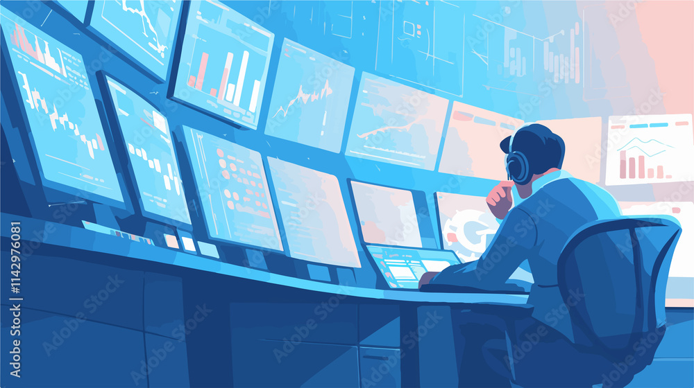 Professional Stock Market Trader Analyzing Multiple Computer Screens Professional Stock Market Trader Analyzing Multiple Computer Screens
