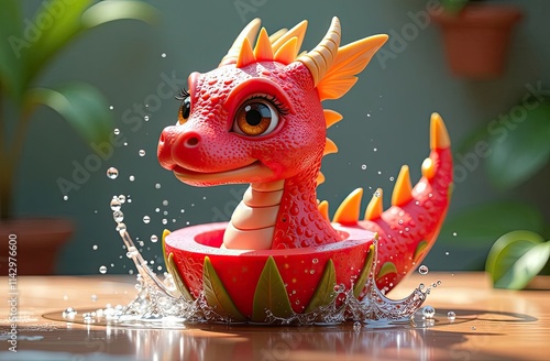 A cute red dragon toy with detailed scales and orange horns sits in a water splash, shaped like a strawberry, surrounded by a blurred green background with sunlight photo