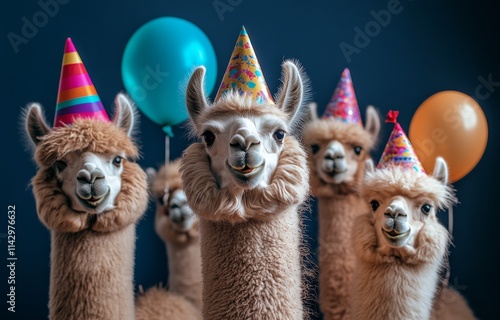 Group of llamas celebrating a birthday with party hats and colorful balloons photo