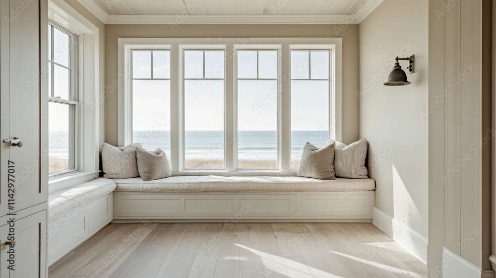 Fototapeta premium Coastal window seat with ocean view.