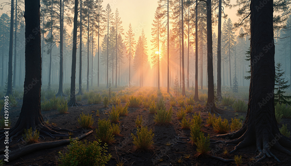 Misty forest with sun rays piercing through trees at sunrise Misty forest with sun rays piercing through trees at sunrise