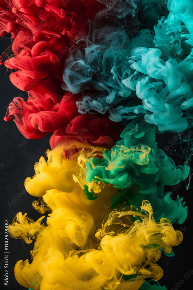 Colorful ink abstraction, swirling liquid red, yellow, green smoke on black background Colorful ink abstraction, swirling liquid red, yellow, green smoke on black background