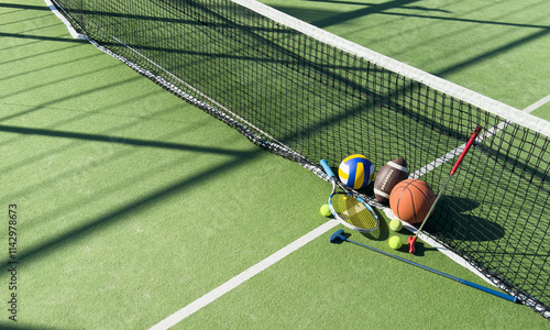 A variety of sports equipment including an american football, a soccer ball, a tennis racket, a tennis ball, and a basketball photo