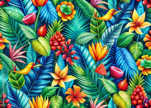 Wallpaper Mural Tropical Pattern Artwork: Multicolored Hand-Drawn Design for Fabrics & Home Decor Torontodigital.ca