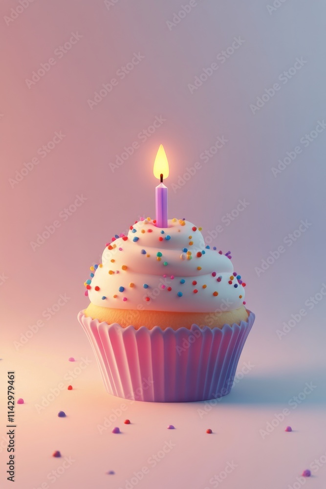 Colorful cupcake with a lit candle and sprinkles on pastel background creating a festive atmosphere Colorful cupcake with a lit candle and sprinkles on pastel background creating a festive atmosphere