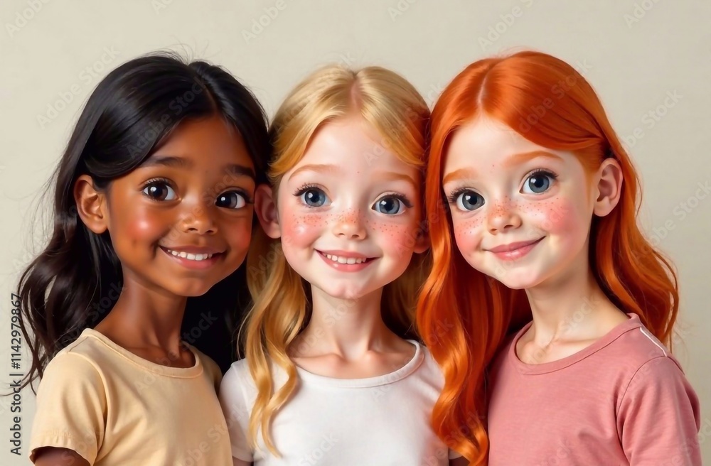 Three girls, dark-skinned, fair-haired and red-haired with freckles, stand next to each other, smiling Three girls, dark-skinned, fair-haired and red-haired with freckles, stand next to each other, smiling