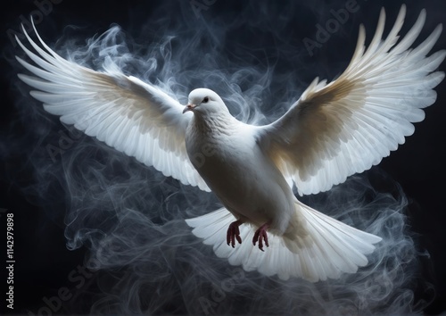 Smoky White Dove in Flight. Surreal Abstract Art.   Ideal for creative projects, artistic visuals, conceptual designs symbolizing freedom, life, motion, ethereal beauty in a surreal, abstract style.   photo