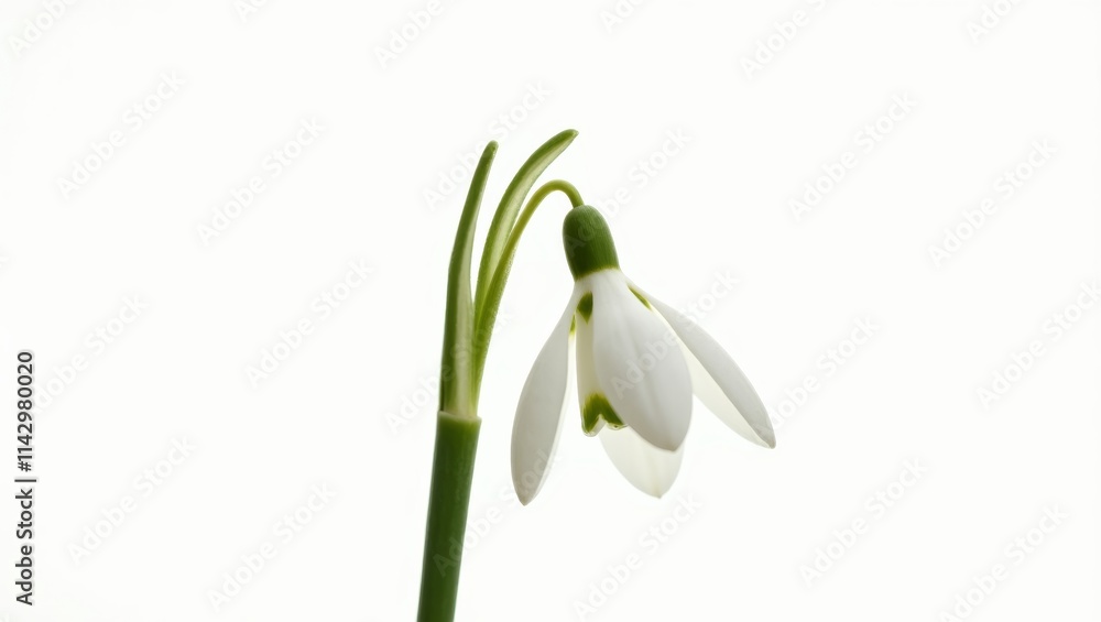 Single snowdrop flower blooming on white background symbolizing spring Single snowdrop flower blooming on white background symbolizing spring