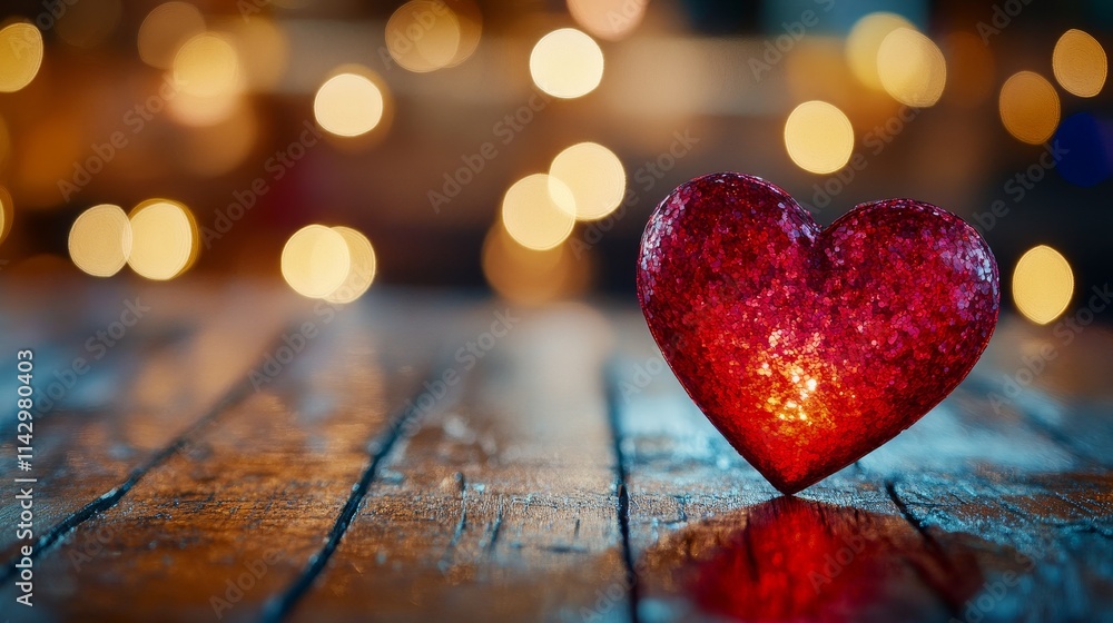Fototapeta premium A glowing red valentine, valentine background, heart, background decoration on a wooden surface with blurred lights in the background.