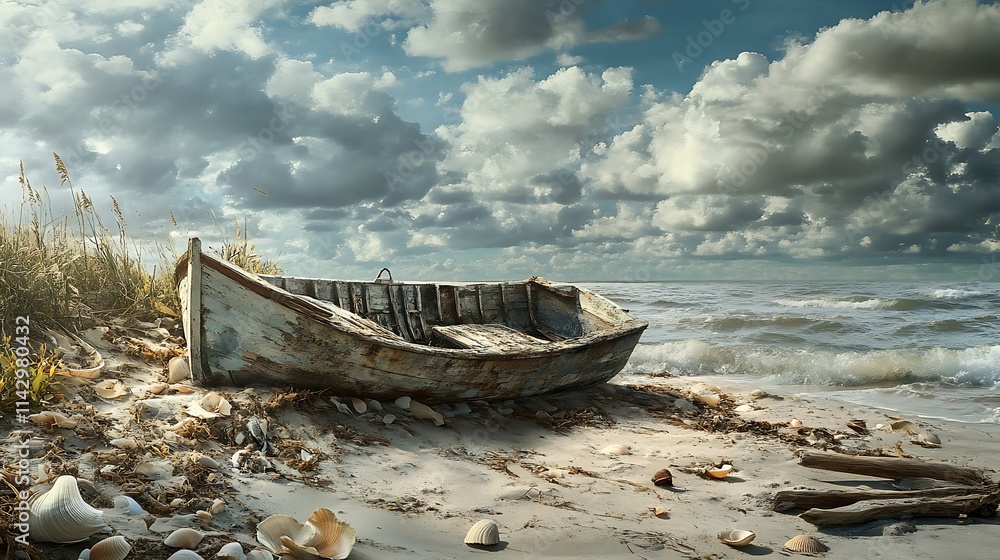 A weathered boat rests on a sandy shore, surrounded by seashells and gentle waves. A weathered boat rests on a sandy shore, surrounded by seashells and gentle waves.