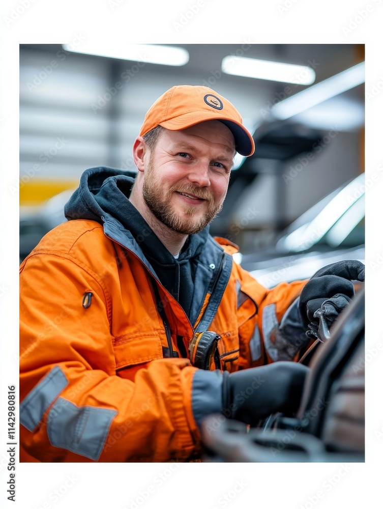 Skilled Mechanic in Orange Workwear - A friendly auto mechanic, hard at work, symbolizing skill, dedication, precision, problem-solving, and reliability. Skilled Mechanic in Orange Workwear - A friendly auto mechanic, hard at work, symbolizing skill, dedication, precision, problem-solving, and reliability.