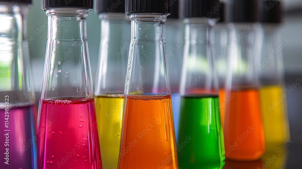 A row of test tubes filled with colorful liquids, likely for scientific experimentation. A row of test tubes filled with colorful liquids, likely for scientific experimentation.