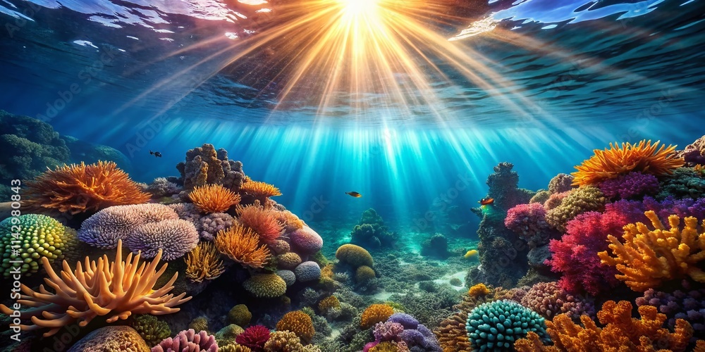 Naklejka premium Underwater Sunlight Reflection, Ocean Sunbeams, Deep Sea Light Rays, Aquatic Photo, Sunlit Underwater Scene, Marine Photography, Submerged Sunlight