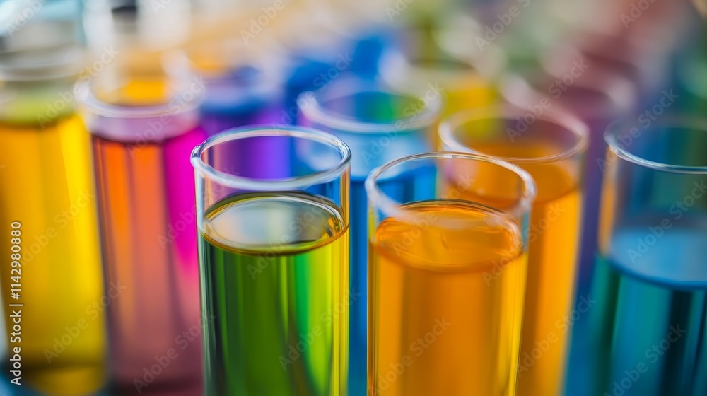 Colorful test tubes filled with liquids, showcasing various chemical solutions for experiments. Colorful test tubes filled with liquids, showcasing various chemical solutions for experiments.