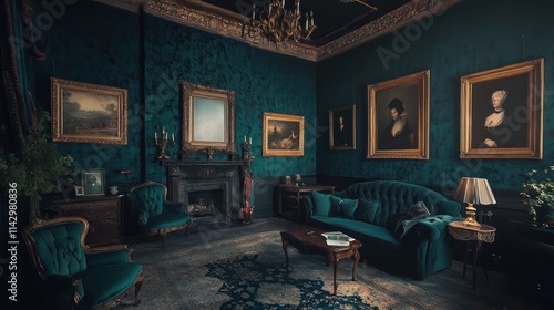 Dark teal Victorian-style drawing-room with velvet furniture, antique paintings, fireplace, and ornate details.
