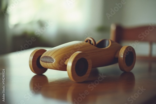 A wooden toy racecar, sleek and polished, rests on a wooden table with sunlight streaming through a nearby window, creating a nostalgic charm. photo