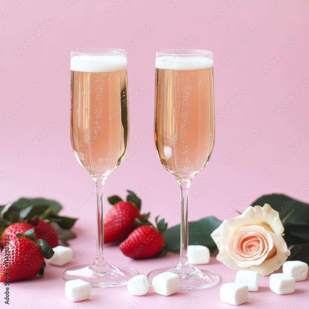 Two flutes of champagne with bubbles on a pink background with strawberries and rose petals. Declaration of love. Banner. Valentine's Day celebration. Valentine's Day. Two flutes of champagne with bubbles on a pink background with strawberries and rose petals. Declaration of love. Banner. Valentine's Day celebration. Valentine's Day.