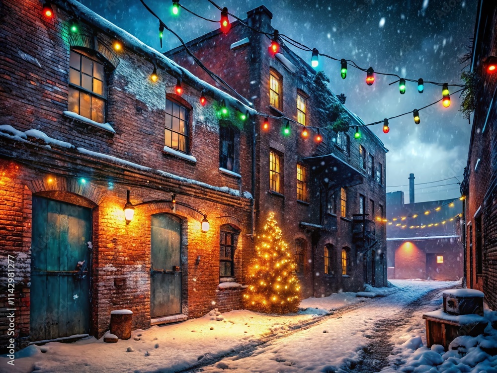 Obraz premium Urban Christmas Exploration: Dark City Holiday Background, Grungy Festive Wallpaper, Industrial Christmas Scene, Abandoned Building Winter Wonderland