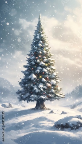 Majestic snow-covered evergreen tree adorned with colorful lights stands in peaceful winter landscape.Gentle snowfall creates enchanting, festive atmosphere for holiday, nature, winter-themed project.