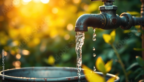 Water flows from garden faucet into aged bucket. Rich plants surrounds scene. Warm sunlight illuminates setting. Rustic charm, natural simplicity evident in image. Outdoors scene, eco friendly, photo