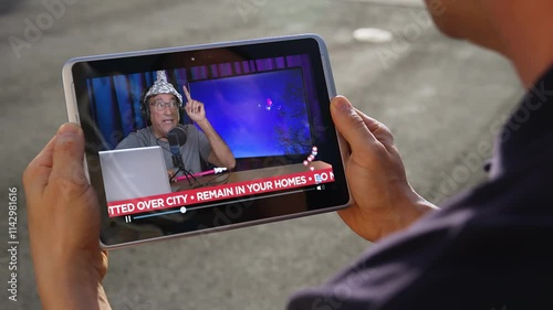 A man, holding a tablet PC outside, watches a drone or UFO conspiracy theorist podcast.	