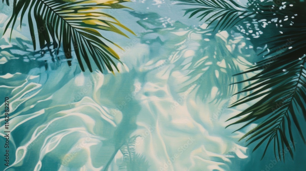 Water surface reflecting palm fronds in a tropical setting during sunny daylight hours Water surface reflecting palm fronds in a tropical setting during sunny daylight hours