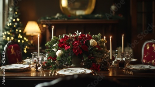 Festive Christmas dinner table setting with candles, poinsettias, and evergreen centerpiece.