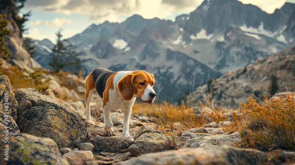 Focused Beagle on remote mountain trail dramatic lighting rugged terrain Focused Beagle on remote mountain trail dramatic lighting rugged terrain