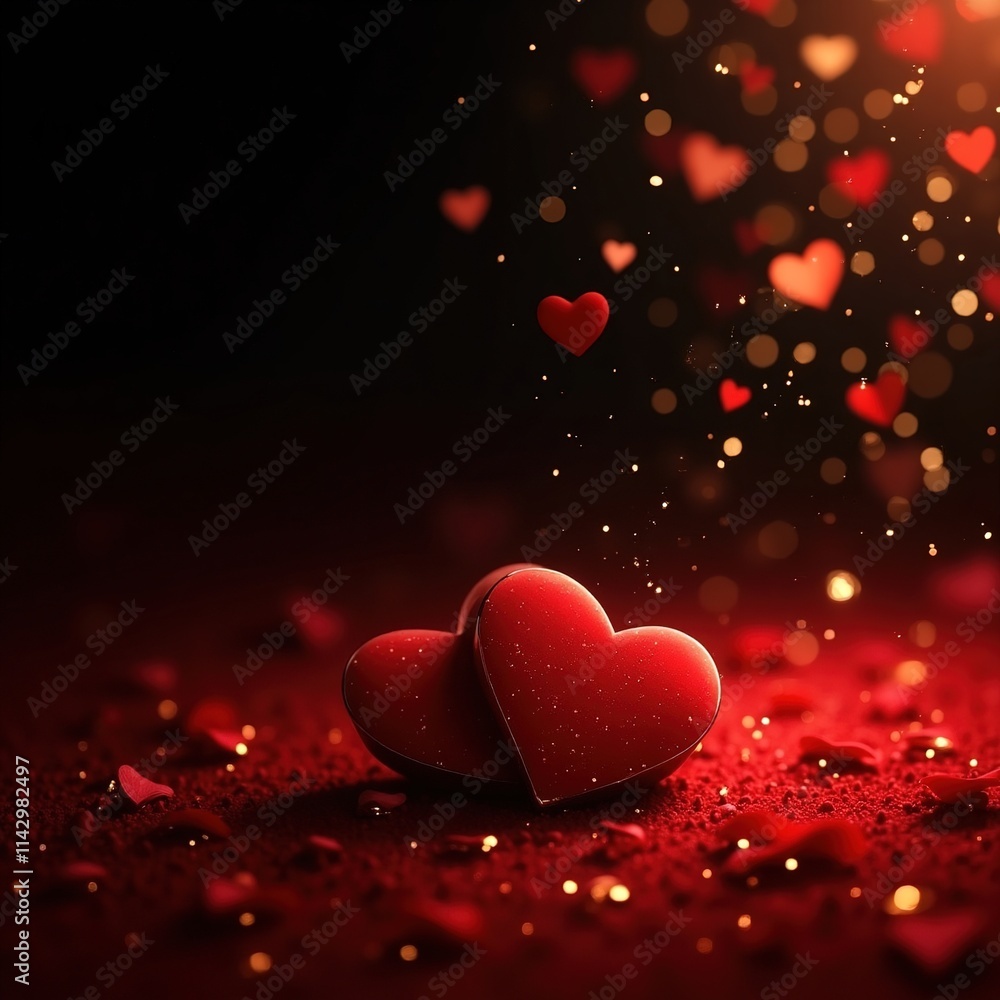 Obraz premium Composición artística con corazones rojos y partículas doradas en un fondo oscuro con luces bokeh, ideal para tarjetas y decoraciones románticas de san Valentín